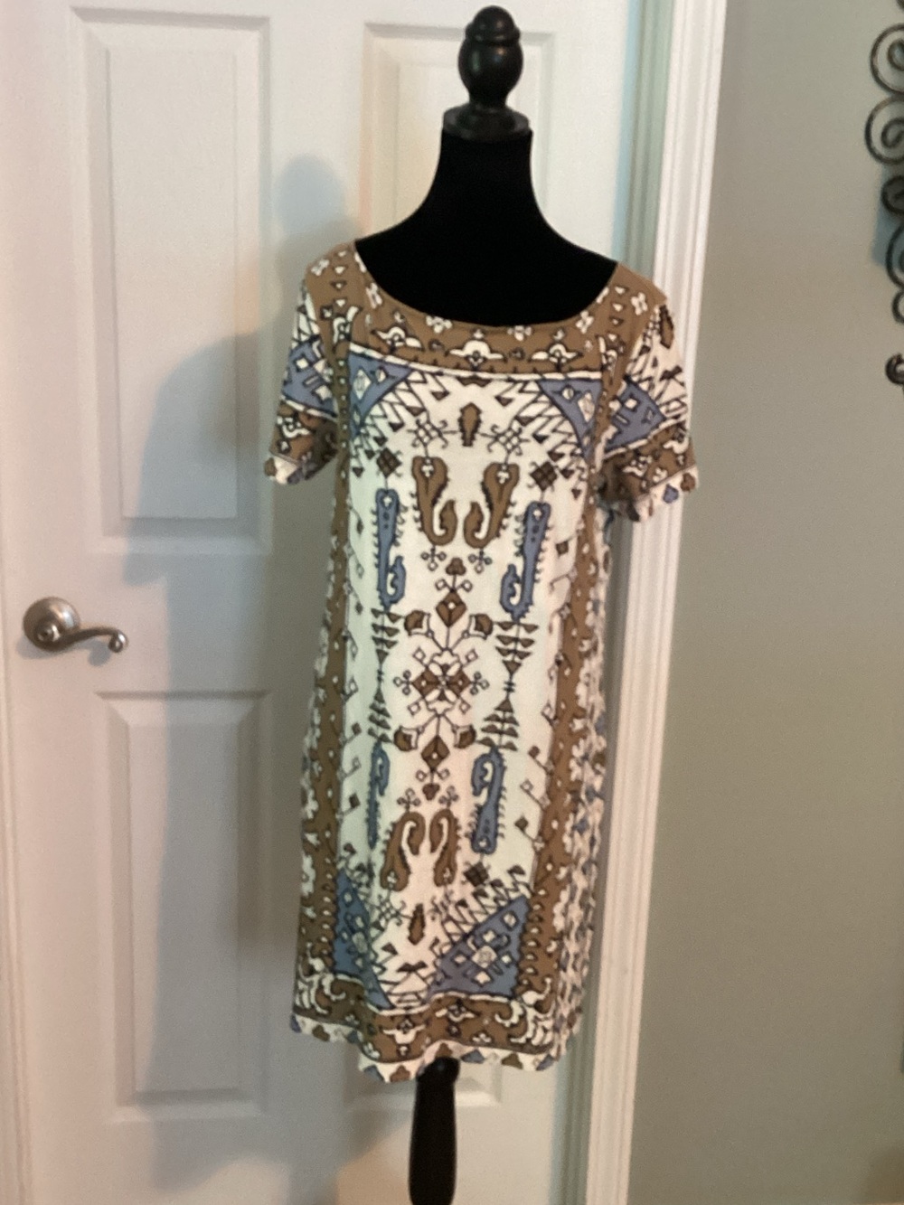 Tory Burch Cream, Tan & Blue Geometric Shift Midi Dress